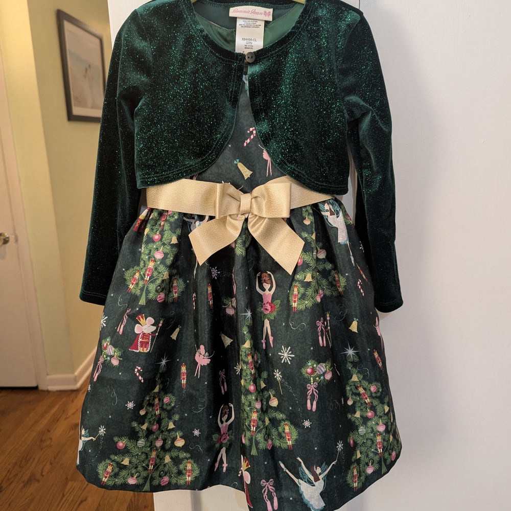 Bonnie Jean Glittery Green Dance Dress with Gold Bow